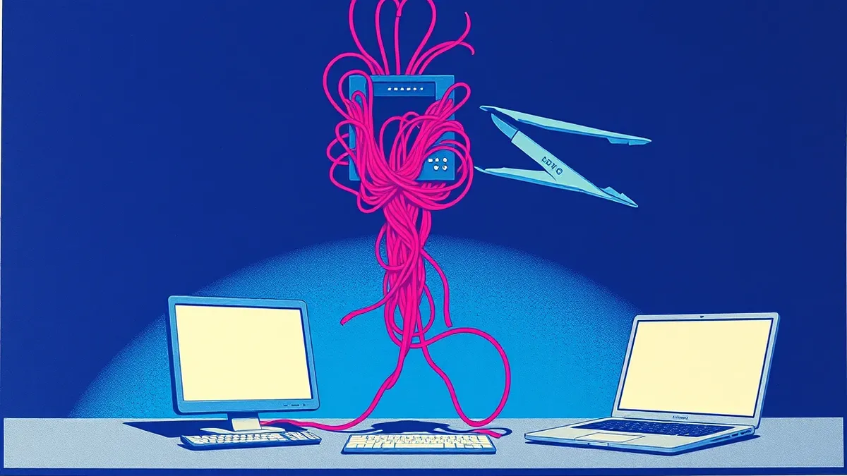 Illustration: A tangled knot of red digital threads connects a floating server node to a dark shadowy void.