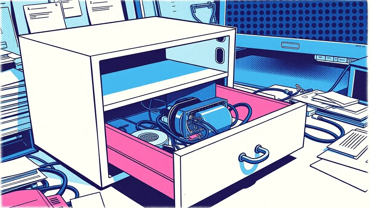 Illustration: A white software installation box sits on a cluttered desk, its side panel removed to expose an open, unlocked drawer.