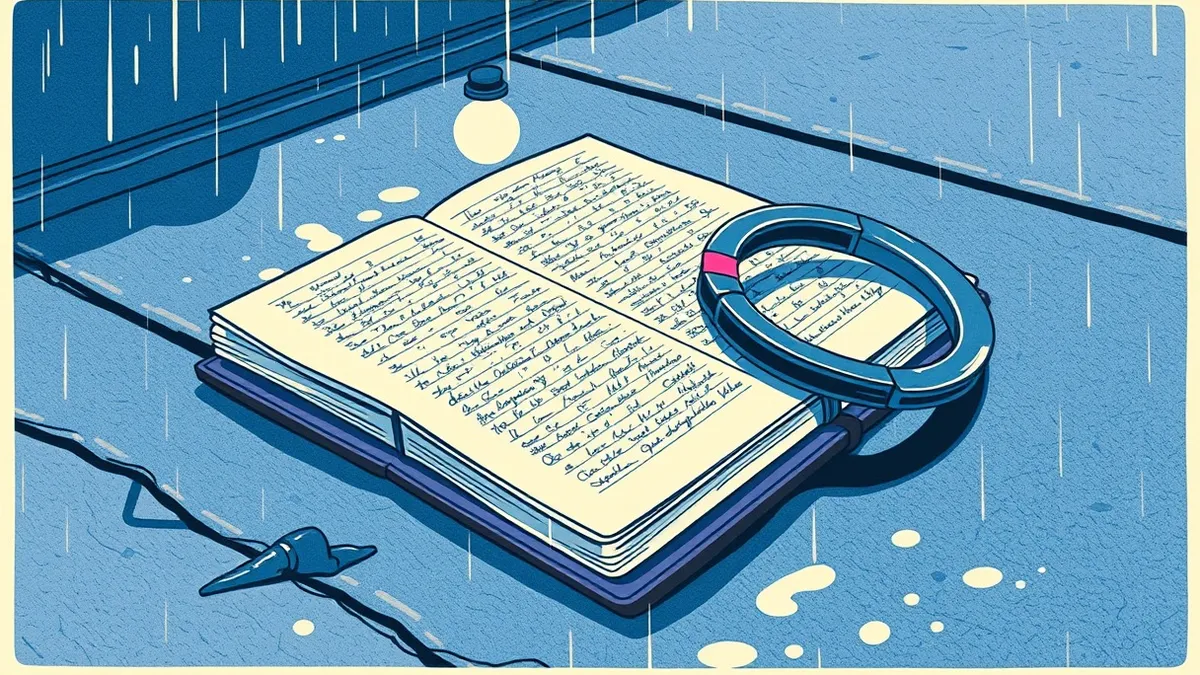 Illustration: A single leather-bound field notebook lies open on a rain-slicked concrete sidewalk, its pages filled with dense, illegible scribbles.
