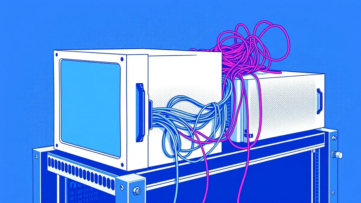 Illustration: A white server box sits on a metal rack with its side panel removed.