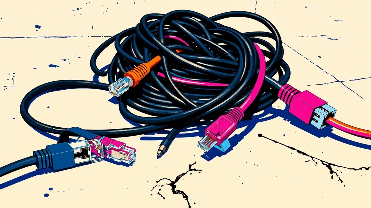 Illustration: A tangled bundle of ethernet cables rests on a concrete floor, severed cleanly in the middle with frayed wires exposed.