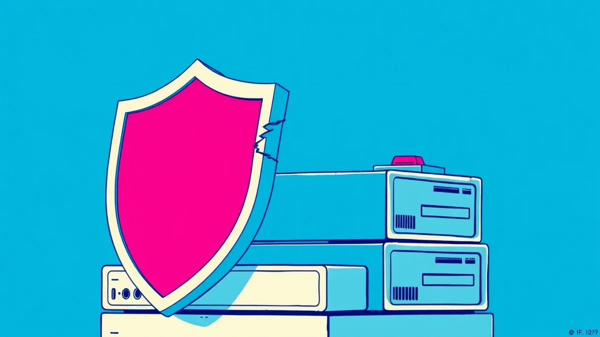 Illustration: A cracked shield rests on a stack of unpatched software boxes.
