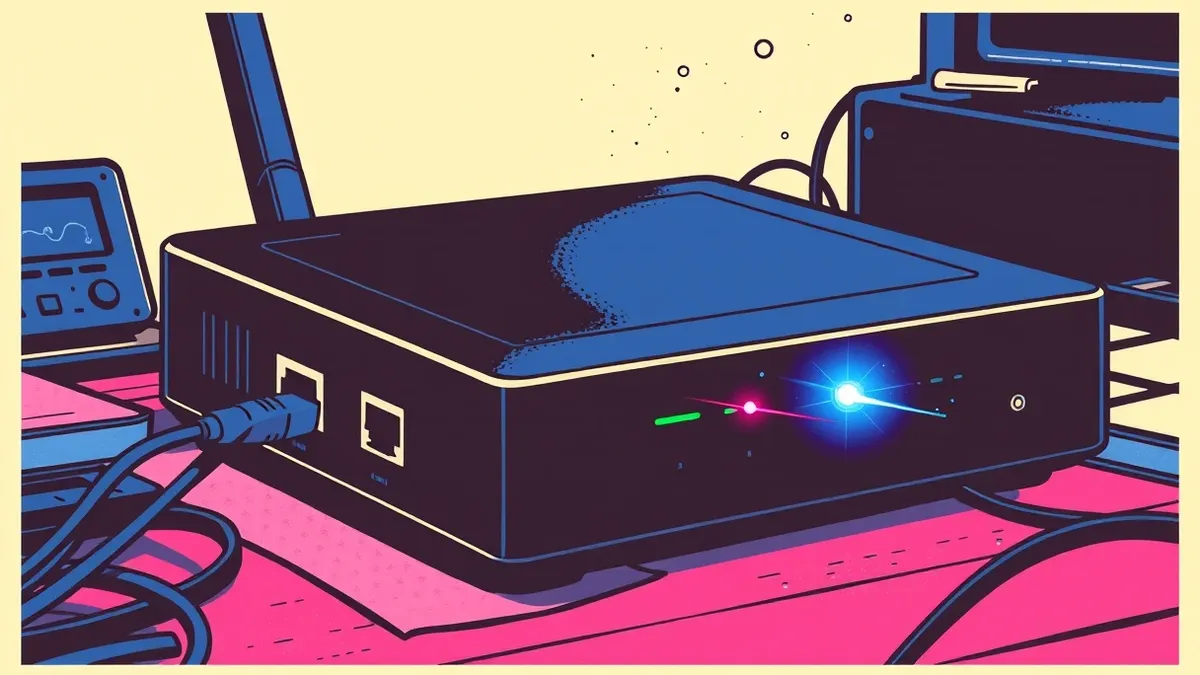 Illustration: A sleek black network router sits on a cluttered desk.