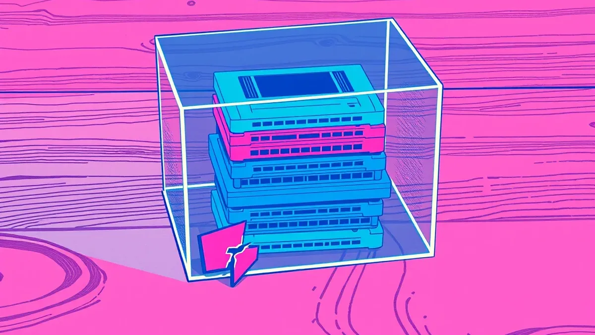 Illustration: A transparent glass box sits on a wooden table, filled with neatly stacked generic software modules of varying colors.