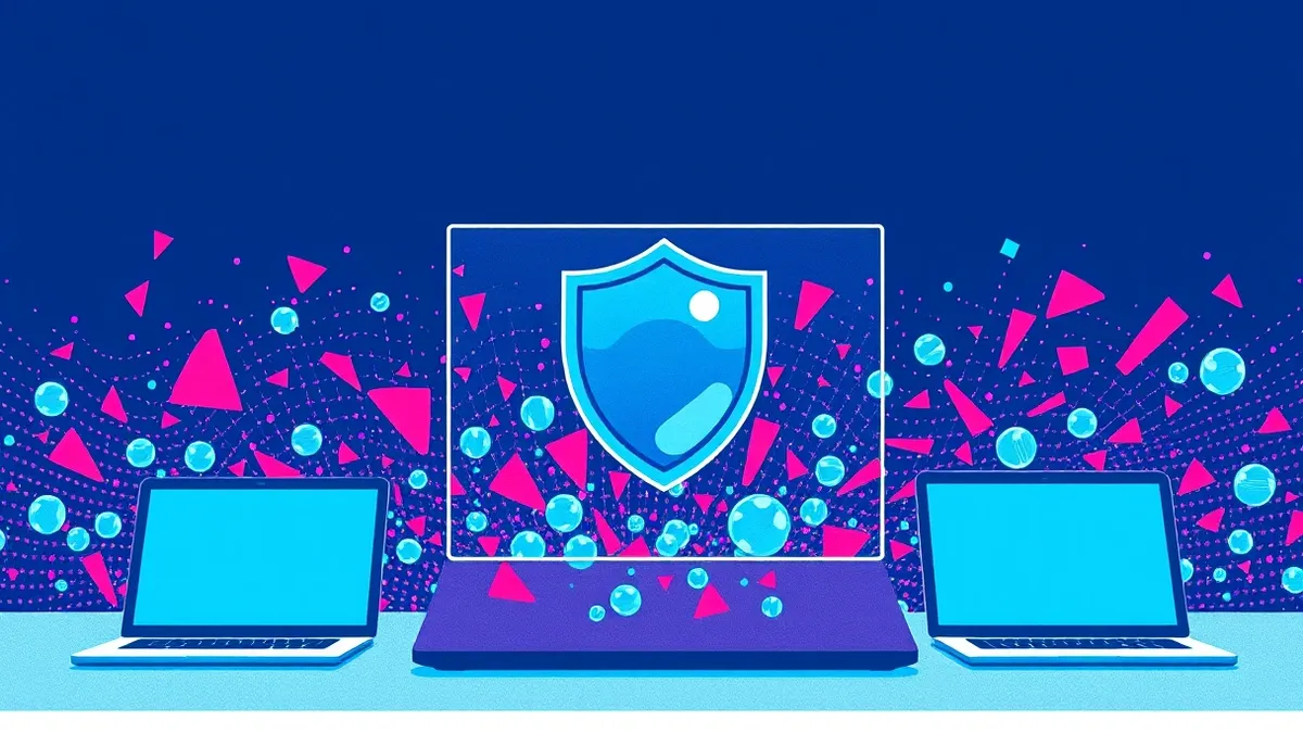 Illustration: A sleek, transparent shield hovers over a chaotic stream of colorful digital particles.