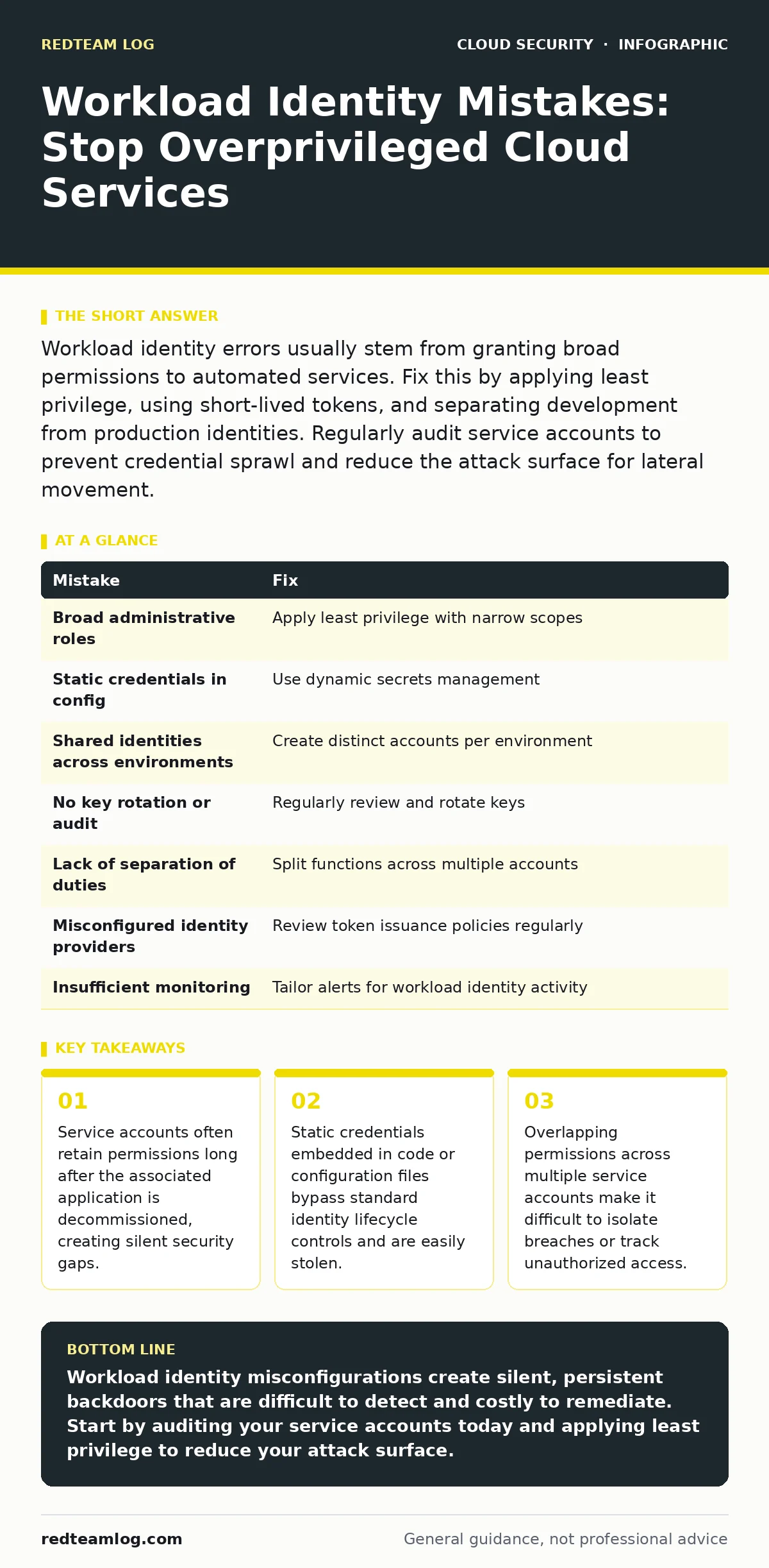 Infographic: Workload Identity Mistakes: Stop Overprivileged Cloud Services. Service accounts often retain permissions long after the associated application is decommissioned, creating silent security gaps. Static credentials embedded in code or configuration files bypass standard identity lifecycle