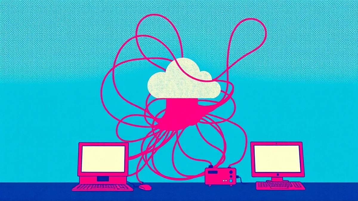 Illustration: A tangled knot of red strings connects a cloud icon to several small service boxes, showing excessive access paths.
