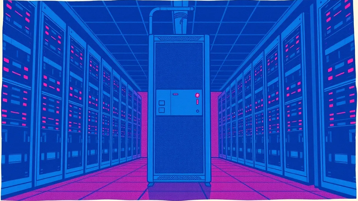 Illustration: A single server tower stands isolated in a dim room while surrounding racks glow with active lights.