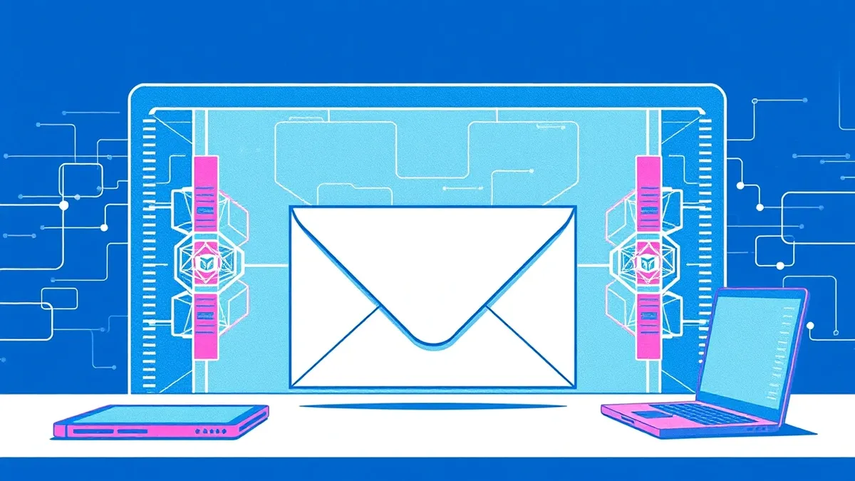 Illustration: A sleek envelope travels through a transparent digital gateway.