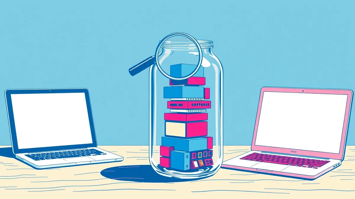 Illustration: A transparent glass jar sits on a wooden table, filled with neatly stacked, colorful geometric blocks representing software components.