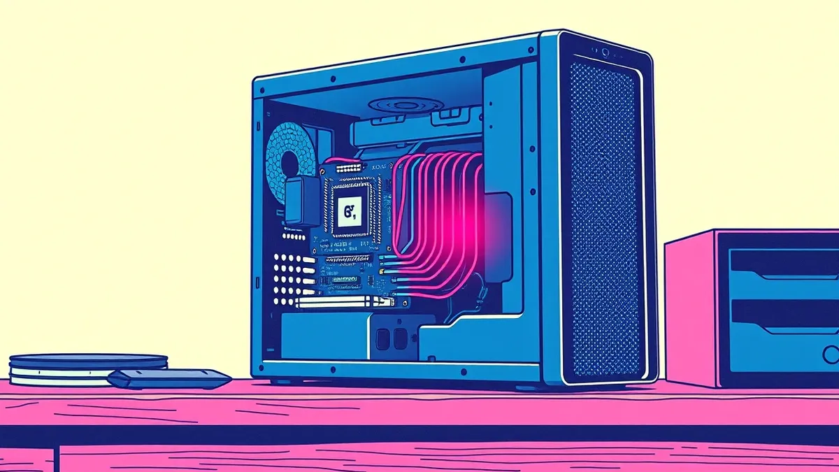 Illustration: A sleek black desktop tower sits on a wooden desk with its side panel removed, exposing the motherboard.