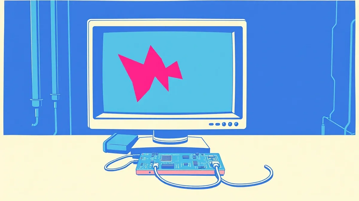 Illustration: A standalone industrial computer monitor sits on a metal workbench, its screen displaying abstract jagged geometric shapes in red and blue.