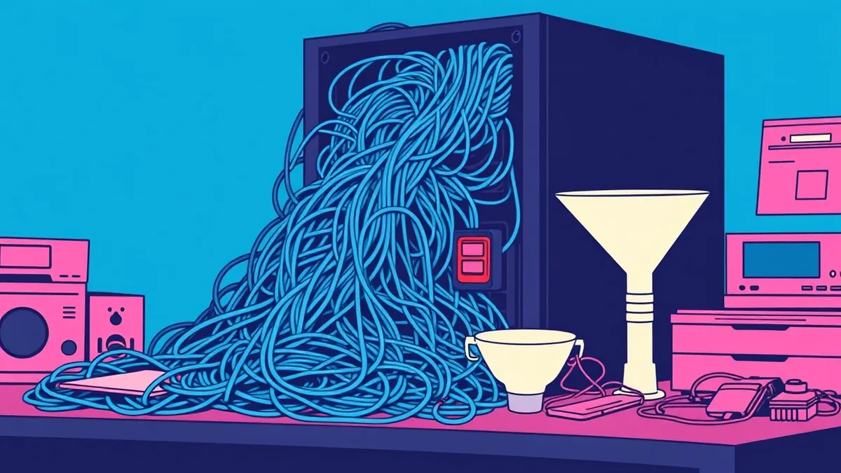 Illustration: A chaotic tangle of tangled gray cables spills from a black server chassis onto a cluttered desk, burying a single red alarm light under the mess.