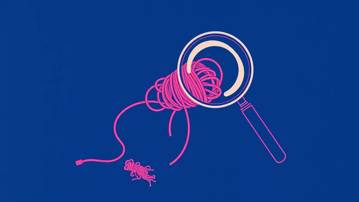 Illustration: A magnifying glass hovers over a tangled knot of glowing red threads on a dark background.