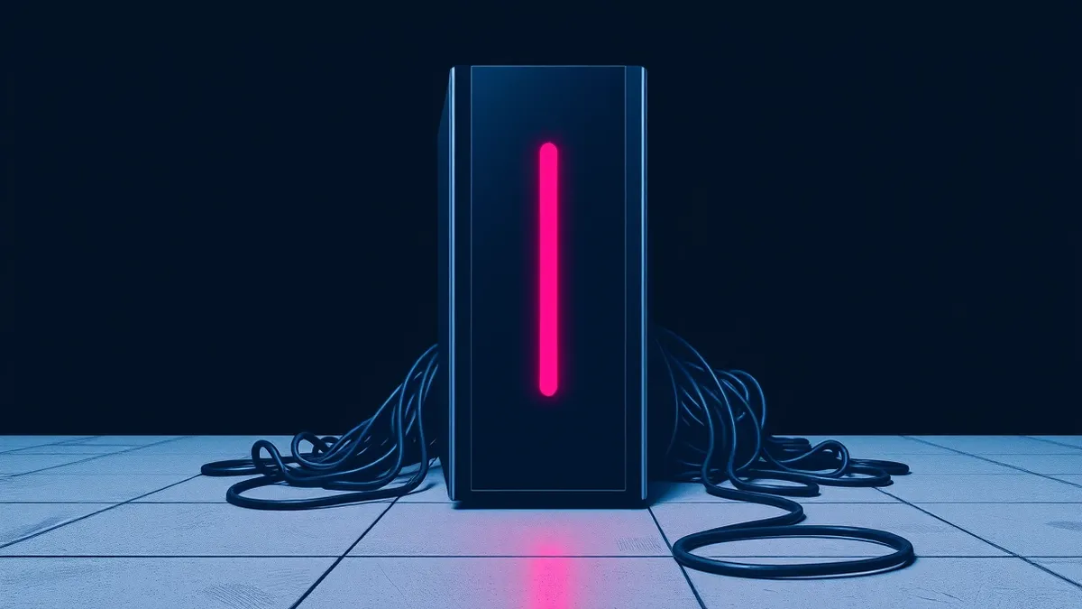 Illustration: A sleek, monolithic black server tower sits isolated on a concrete floor.