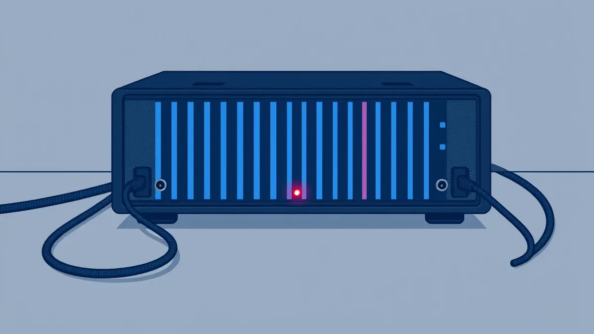 Illustration: A sleek black security appliance sits isolated on a gray desk.