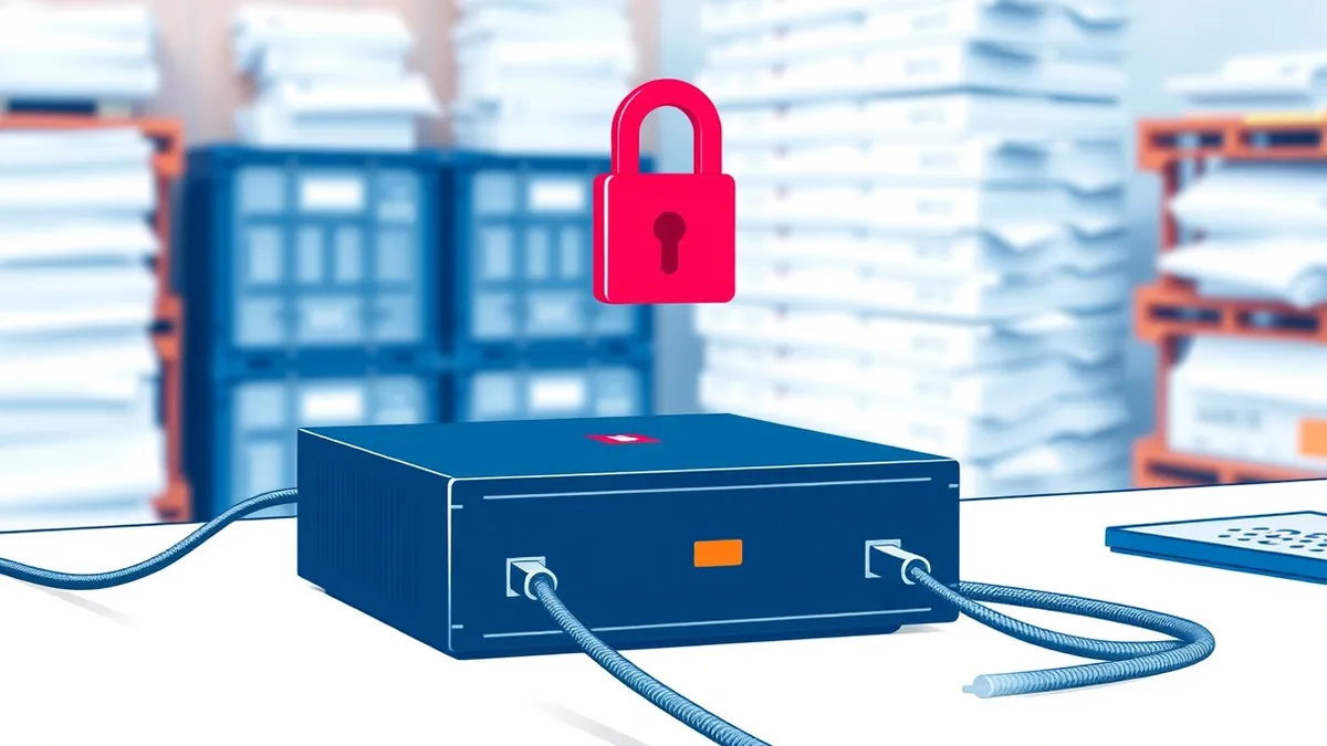 Illustration: A sleek black server box with a small orange emblem sits on a clean white desk.