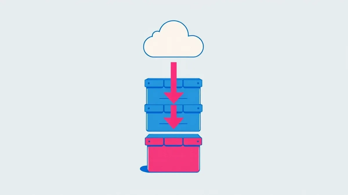 Illustration: A sleek white cloud icon floats above a stack of three identical blue storage boxes.