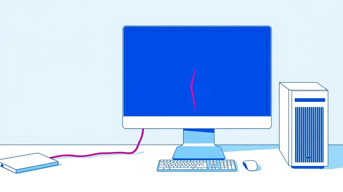Illustration: A sleek desktop monitor displays a blank screen with a subtle, jagged digital tear near the center.