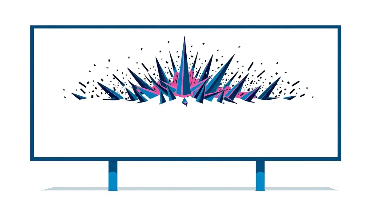 Illustration: A single digital billboard displays a vibrant, abstract geometric pattern.
