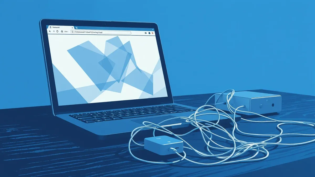 Illustration: A sleek black laptop sits open on a dark wooden desk, its screen displaying a browser window filled with abstract, blurred geometric shapes in muted grays and blues.