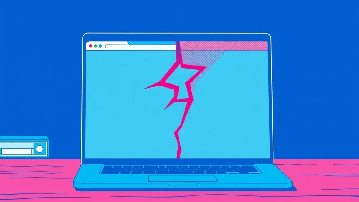 Illustration: A solitary laptop sits on a wooden desk with its screen displaying a blank, light blue browser window.
