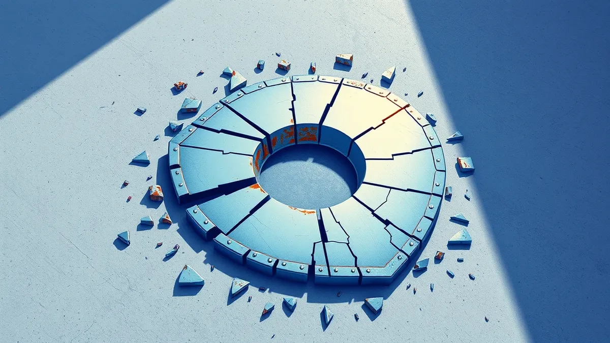Illustration: A cracked metallic shield lies shattered on a concrete floor.