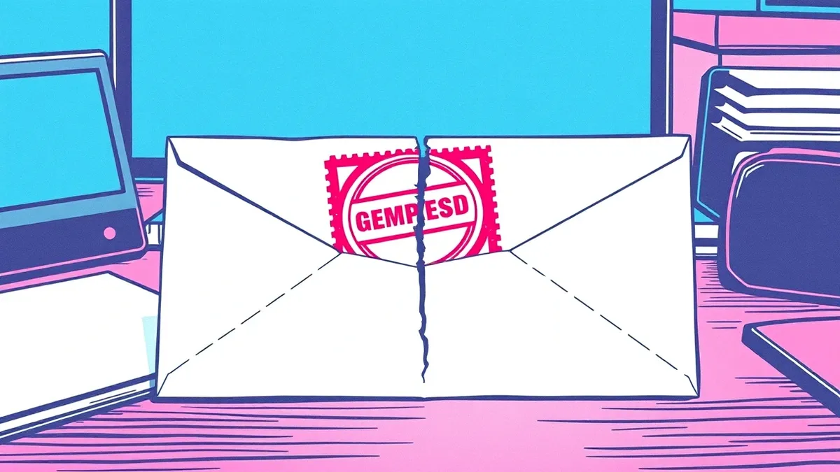 Illustration: A white envelope rests on a desk, its back flap open to reveal a broken red stamp that fails to seal the paper.
