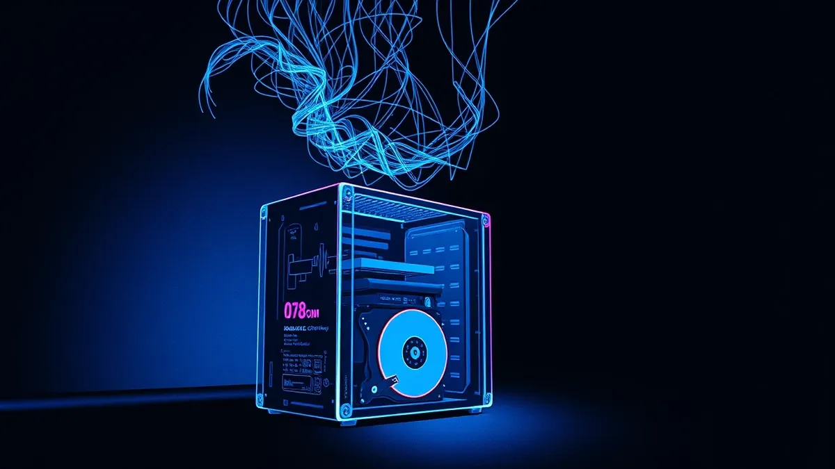 Illustration: A transparent glass server sits in a dark room, its internal drive platters glowing with soft blue light.