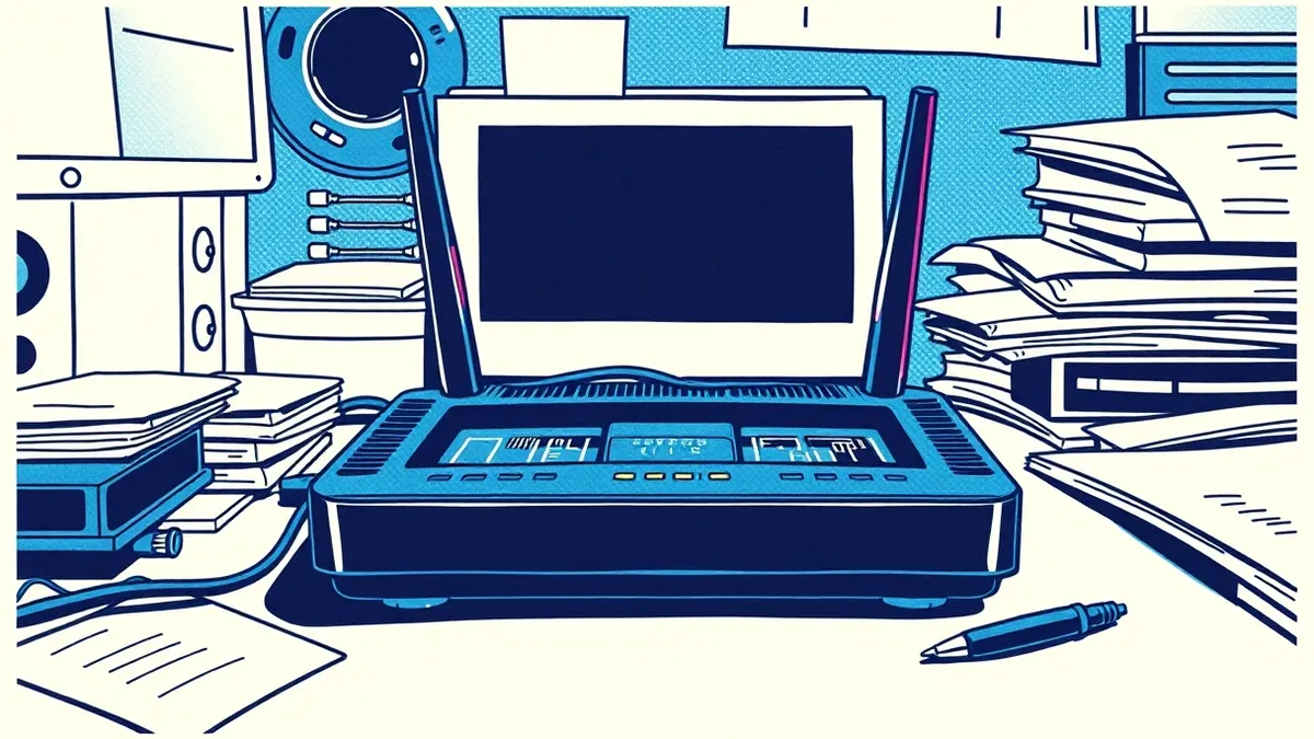 Illustration: A small black wireless router sits unplugged on a cluttered desk, its power light dark and its plastic casing cracked open to reveal exposed circuit boards inside, em