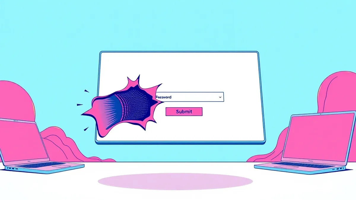 Illustration: A sleek, modern login interface floats in mid-air, its blank white screen displaying a generic password reset field.