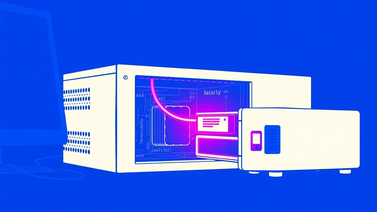 Illustration: A sleek white server blade sits open on a dark desk, revealing its internal circuitry.