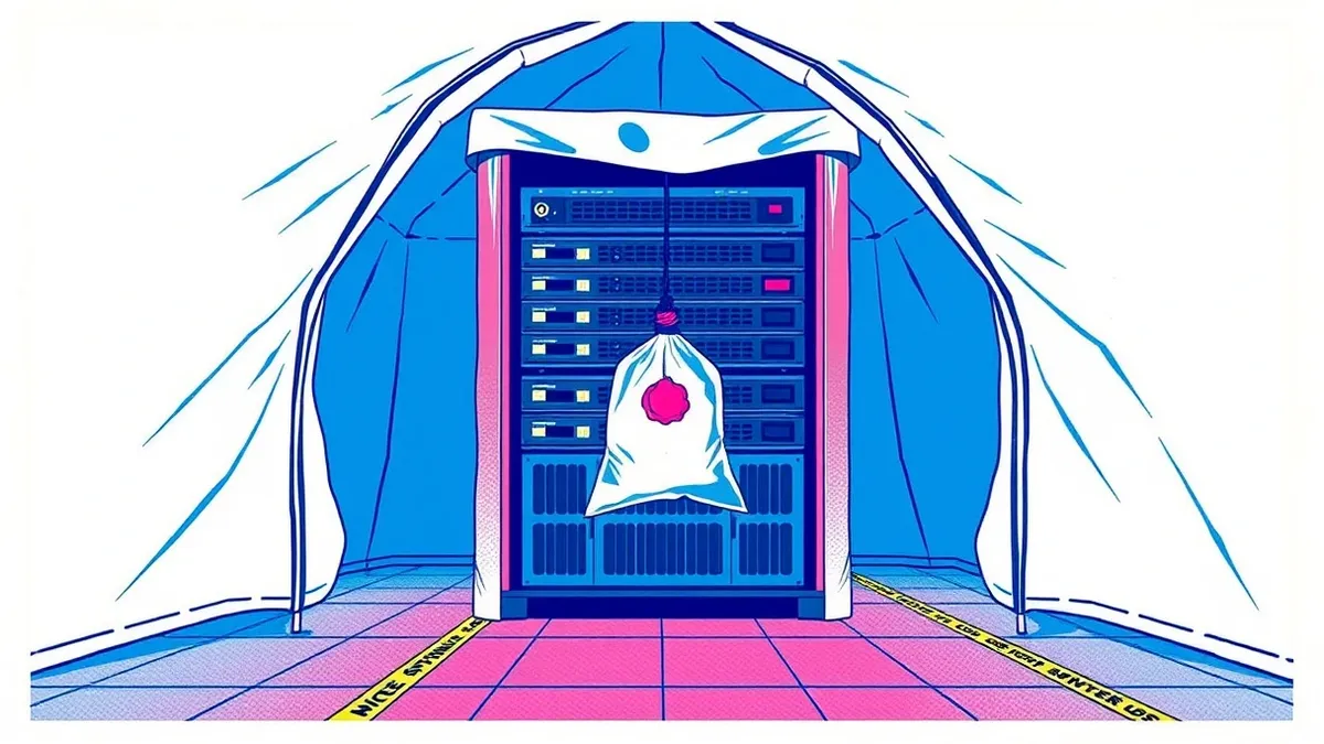 Illustration: A white forensic tent covers a damaged server cabinet in a sterile laboratory.
