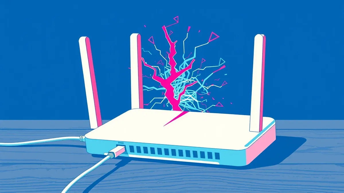 Illustration: A white home router sits on a wooden surface with an ethernet cable plugged in.