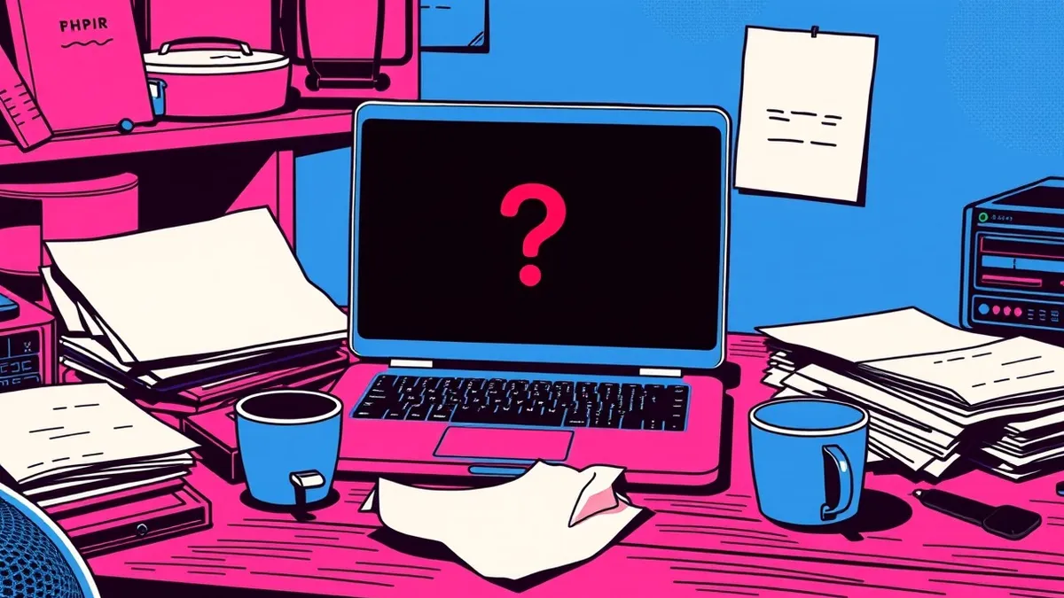 Illustration: A cluttered home office desk holds a laptop displaying a single red question mark on a blank black screen.