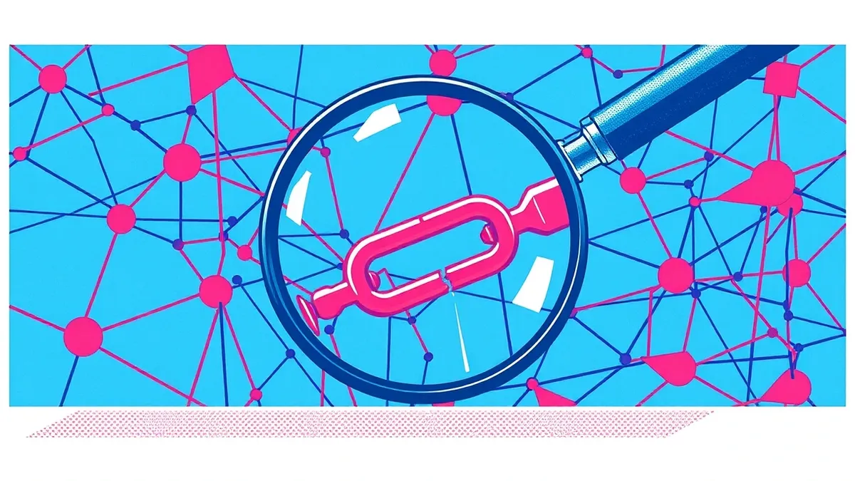 Illustration: A magnifying glass hovers over a tangled web of colorful geometric shapes, highlighting a single broken link in the chain.