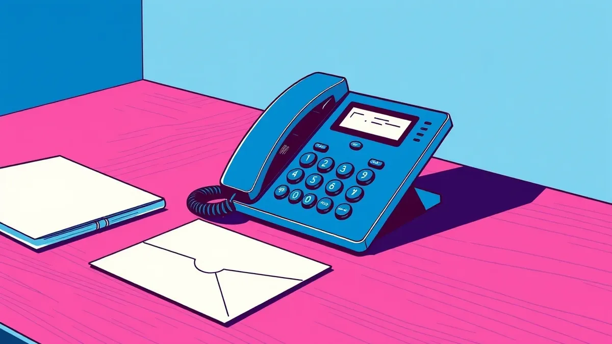 Illustration: A sleek desk phone sits on a polished wooden surface next to a blank envelope.
