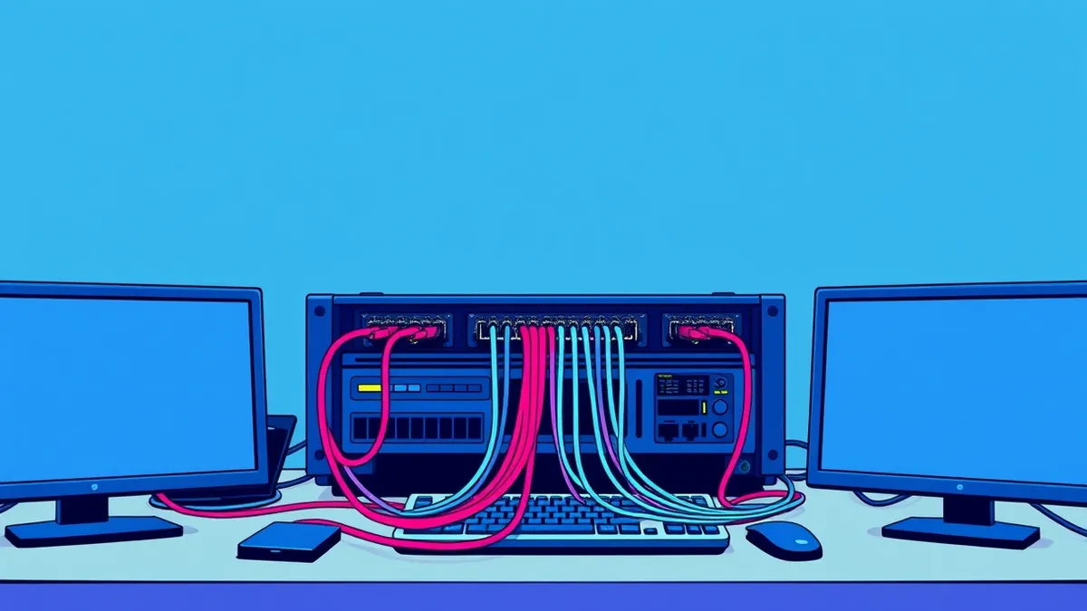 Illustration: A secure network hub sits on a desk, connecting three distinct industry sectors through thick, color-coded cables.