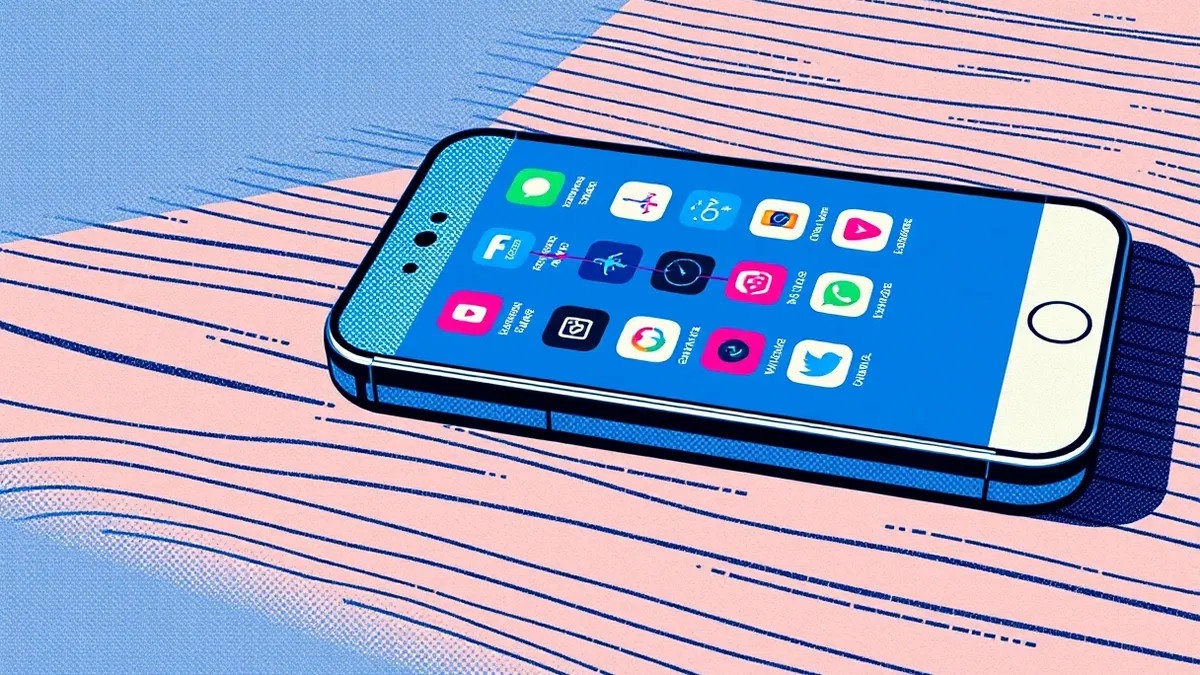 Illustration: A smartphone rests on a wooden surface with its screen displaying a generic grid of colorful app icons.