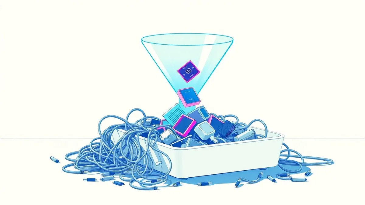Illustration: A transparent glass funnel hovers above a chaotic pile of tangled grey wires and loose circuit boards.