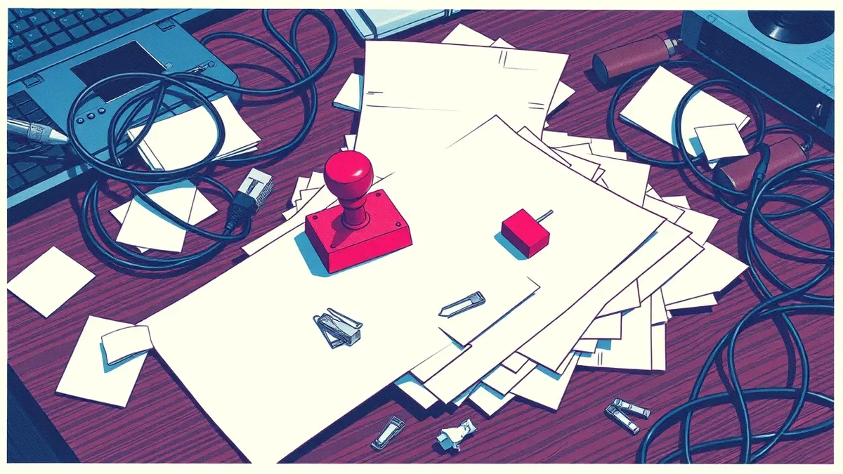 Illustration: A disorganized pile of blank paper pages spills across a dark wooden desk next to a tangled mass of black cables.