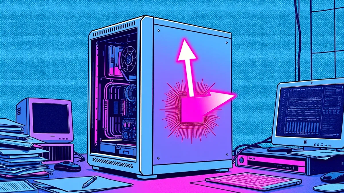 Illustration: A sleek silver server tower sits on a cluttered office desk with its side panel removed to expose the internal circuit board.