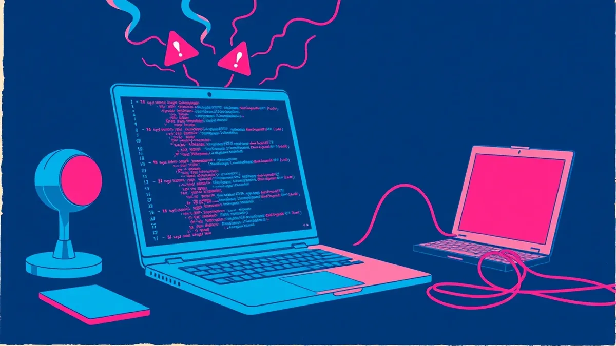 Illustration: A sleek laptop sits on a dark desk with its screen displaying lines of abstract code.