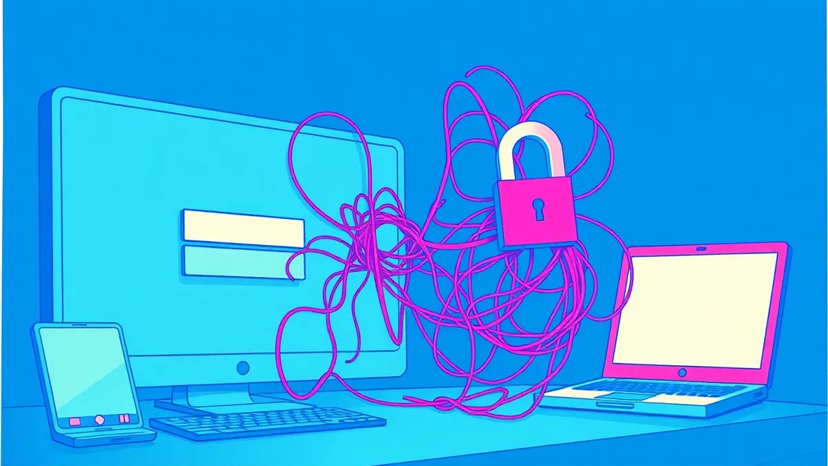 Illustration: A tangled knot of colorful digital threads connects a blank login screen to an open, glowing portal.